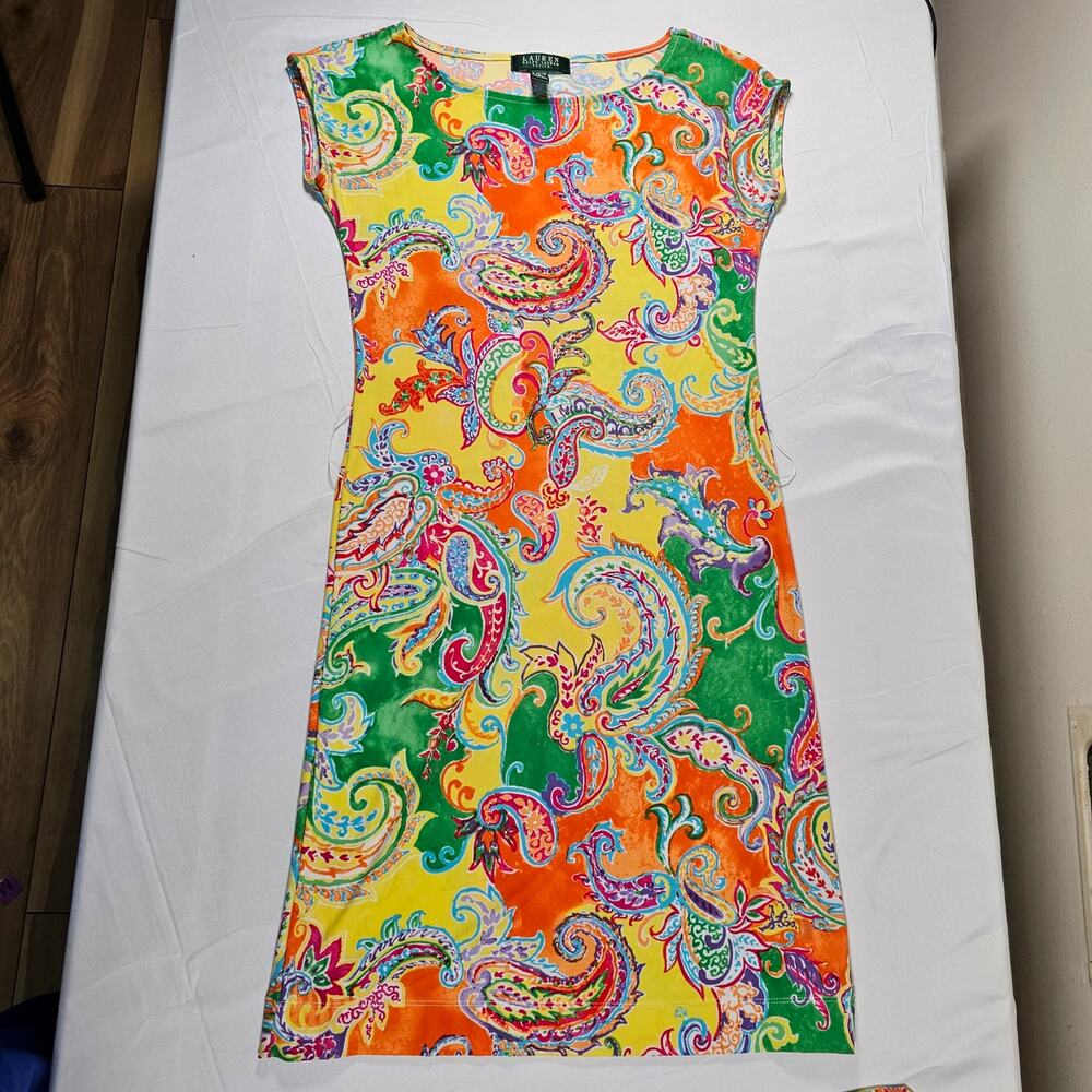 Lauren Ralph Lauren Petite‎ XS Bright Paisley Sheath Dress Stretch Belted
